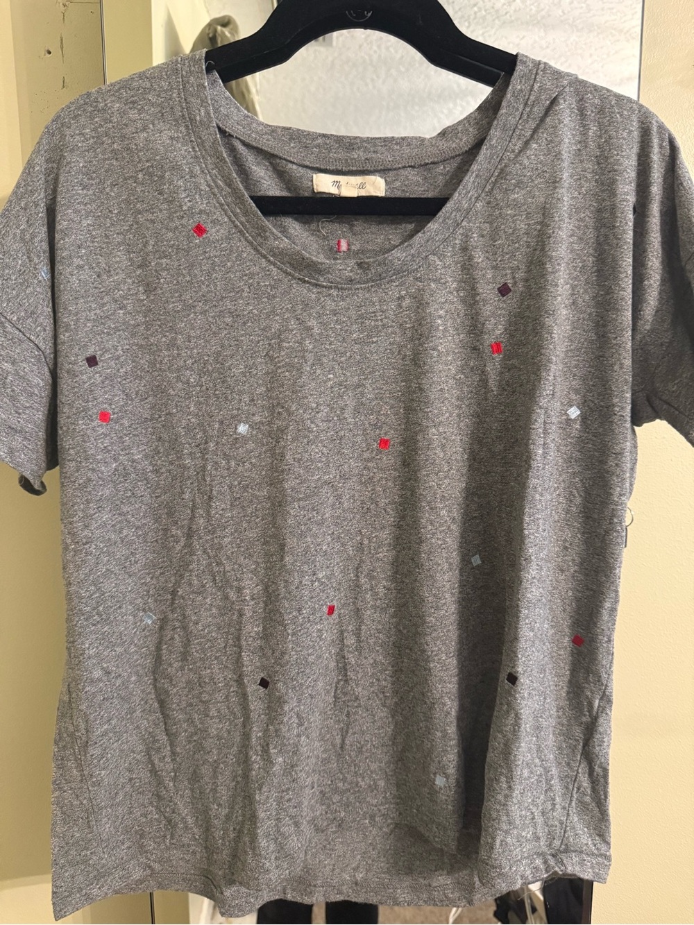 Madewell Gray Crewneck Tee with Multicolored Embroidered Squares